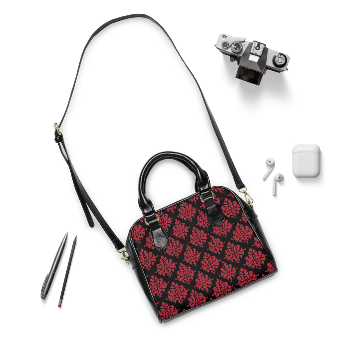 Red Damask Shoulder Handbag