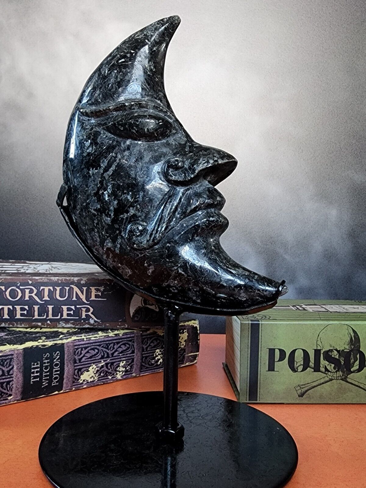 Arfvedsonite Stone Hand Carved Moon with Stand - Arcane Imports