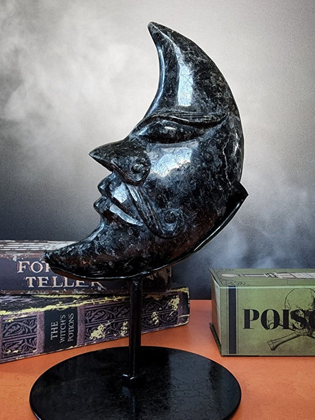 Arfvedsonite Stone Hand Carved Moon with Stand - Arcane Imports
