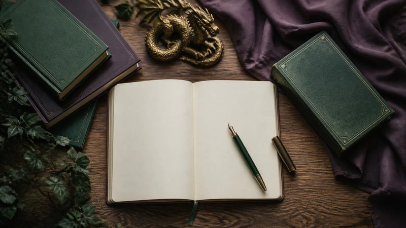 Open blank journal and fountain pen beside green books, purple fabric, and a brass-colored dragon ornament.